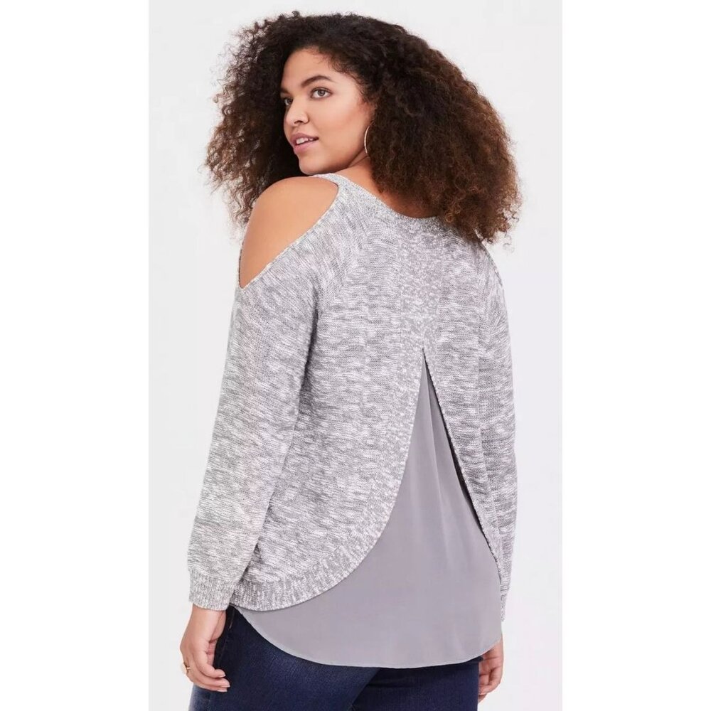 Torrid Gray Marled Cold-Shoulder Pullover Sweater With Split-Back Chiffon Hem